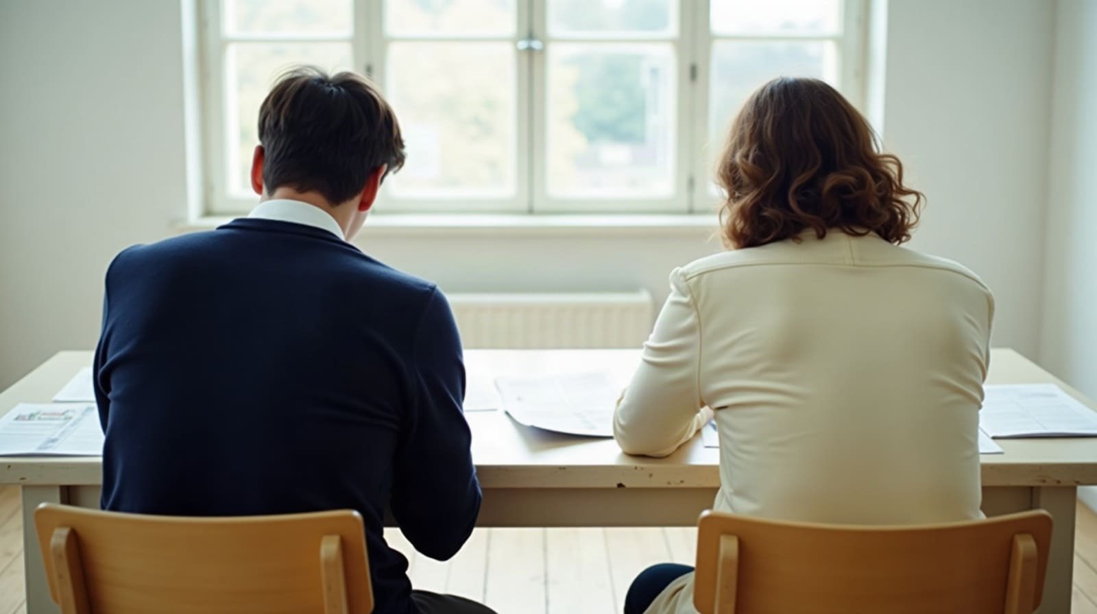 Duas pessoas vistas de costas, sentadas a uma mesa de madeira, a analisar páginas impressas.