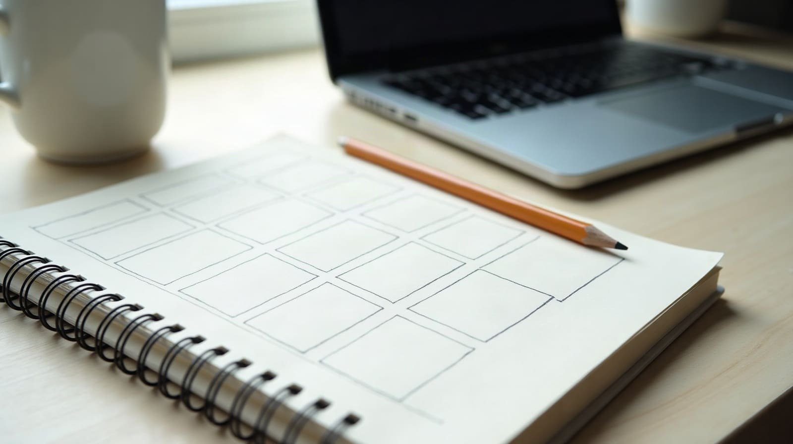 Caderno aberto com esquemas de páginas desenhados a lápis, ao lado de um computador portátil fechado.